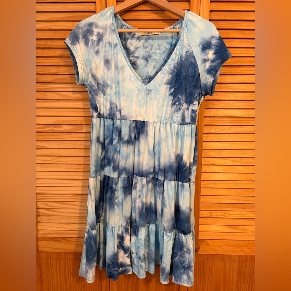 Blue Tie-Dye V-Neck Dress